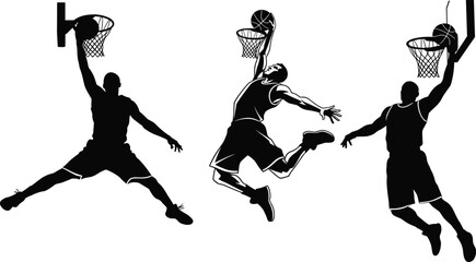 Basketball slam dunk silhouette, airborne athlete, hoop action pose, dynamic sports vector, jump motion, black clipart, athletic dunk illustration © Arman World