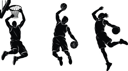 Basketball slam dunk silhouette, airborne players, dynamic motion, sports vector, athletic pose, double ball control, jump, action, court, power