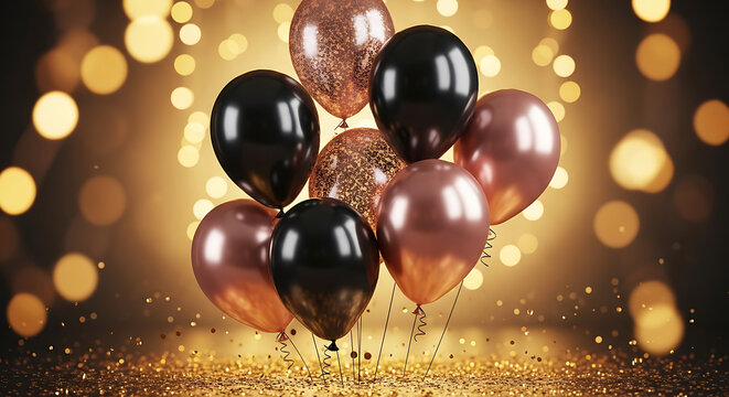 Elegant black and rose gold balloons with sparkling bokeh lights and confetti - Powered by Adobe
