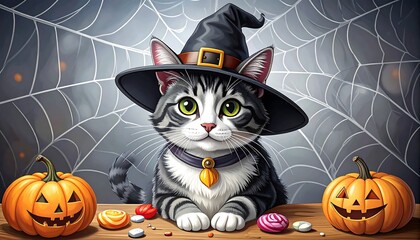 Halloween Cat in Witch Hat with Pumpkins and Spiderweb.