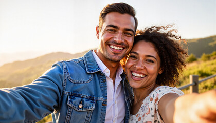 Happy couple taking selfie outdoors with scenic mountain view in background. Couple enjoys time together in nature and captures joyful moment with smartphone capturing vivid landscape.