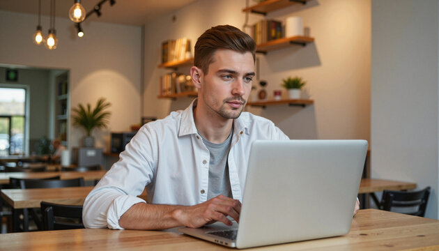 Young man working on laptop in modern cafe environment, focused on computer screen, stylish workspace with wooden table and contemporary decor.