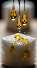 Golden Liquid Droplets Falling Onto a Sugar Cube.