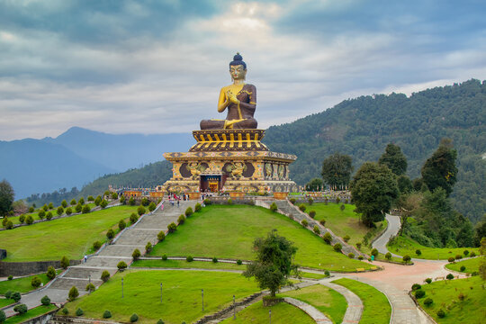 Rabangla,Sikkim, India - 21.10.2016 : Beautiful huge statue of Lord Buddha. Surrounded by Himalayan Mountains, it is called Buddha Park - a popular tourist attraction for tourists from all over India.