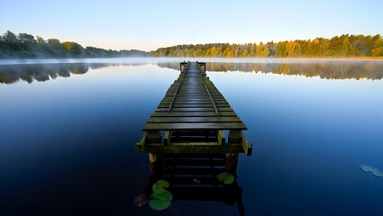 Wooden pier stretching into calm lake at misty autumn sunrise