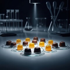 Gourmet Chocolate and Jelly Candies in a Scientific Laboratory Setting.