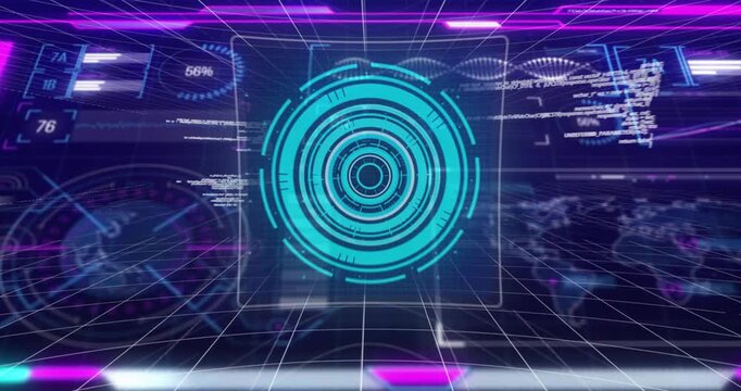 Central reticle pulsing then spinning then expanding into rings, panels updating, revealing 6G