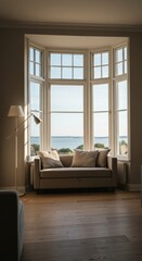 Fototapeta premium Architectural interior view featuring a large, sunlit bay window with comfortable seating, showcasing natural light and home design, comfortable, glass, traditional