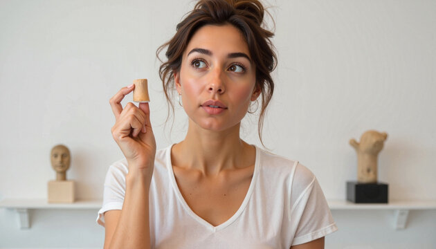 Thoughtful woman holding cork in hand while contemplating artistic ideas in modern studio with sculptures on shelf. Creative environment inspires artistic expression and concept for art enthusiasts.