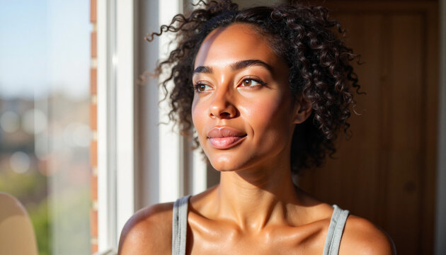 Woman sitting by window with curly hair, natural light highlighting her face. Portrait emphasizes calmness and serenity, creating an atmosphere of relaxation. Ideal concept for wellness and self-care.