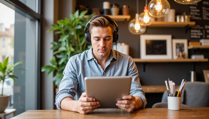 Focused young man with headphones using tablet in modern cafe for productivity and relaxation. Engaged in digital work, he embodies a contemporary lifestyle amid stylish decor.