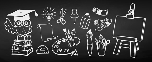 White hand-drawn doodles of school and art supplies on a chalkboard background brushes, owl, palette, books, and easel.