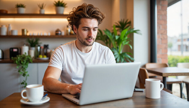 Young man working on laptop in modern cafe with coffee cup and plants surrounding him. Focused man engaged in online tasks while enjoying serene atmosphere.