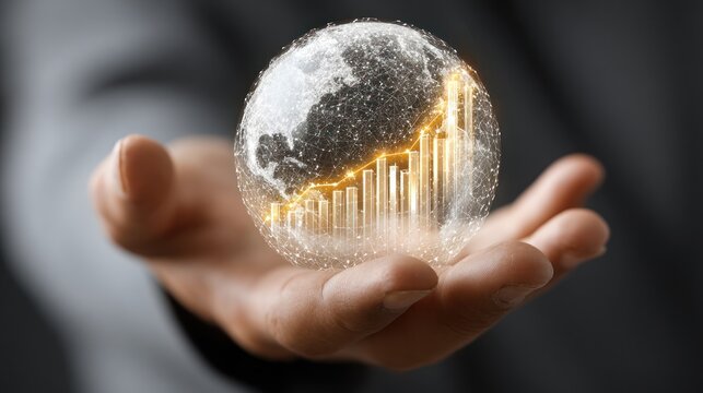 Hand holding glowing digital globe with upward trending bar chart.