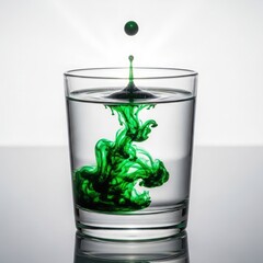 Green Ink Droplet Falling into Clear Water in Glass.