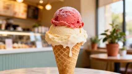 Double scoop of frozen dessert melts slightly in a waffle cone resting on a marble surface indoors