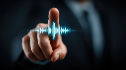 Finger interacting with glowing blue digital sound wave visualization