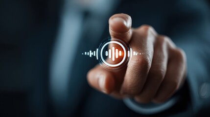 Finger interacts with glowing digital voice command interface icon.