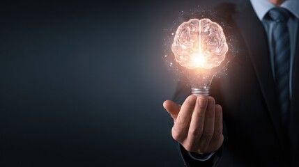 Businessman holds glowing brain lightbulb symbolizing innovation and intelligence.