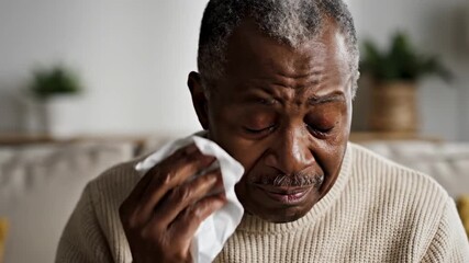 Mature man with a sad expression crying and wiping his tears with a tissue, experiencing grief, loneliness, or depression while sitting at home. Emotional distress and mental health concept