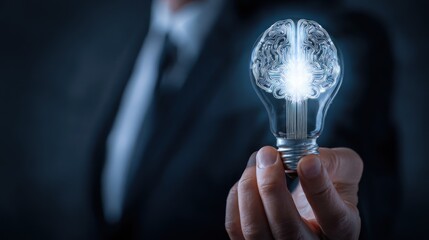 Businessman holds glowing lightbulb with circuit brain design.