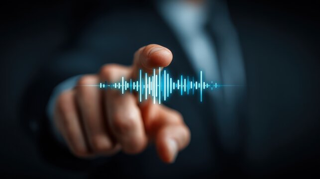 Finger interacting with glowing blue digital sound wave visualization