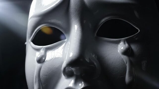 A haunting close-up of a pristine yet cracked white mask, dramatically illuminated against a dark, ambiguous background. Visible tears stream down the sculpted cheeks, conveying profound sadness, vuln