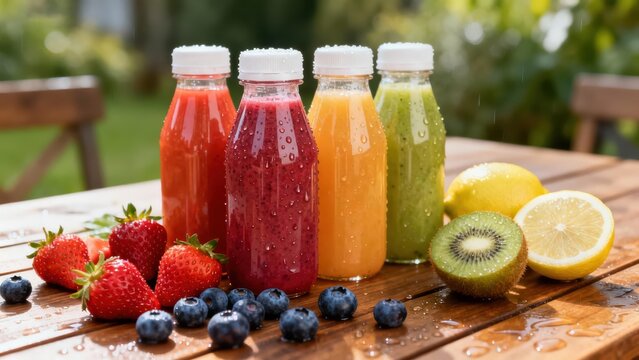 Assortment of colorful fruit smoothies and fresh produce rests on a damp wooden surface outdoors - Powered by Adobe