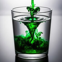Green liquid swirling into clear water in a glass.
