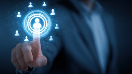 Finger touches glowing digital user icon surrounded by others.