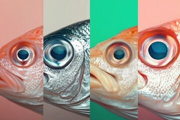 Four fish heads shown side by side with different color tones on pastel and green backgrounds.
