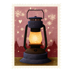 Valentine's Day stamp featuring a glowing lantern with snowflakes and hearts in the background