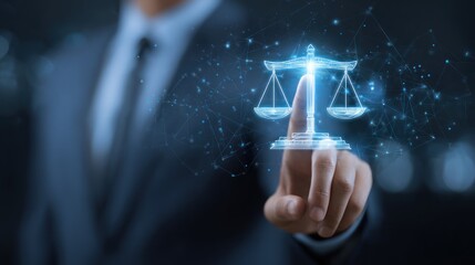 Businessman touches glowing digital scales of justice in dark setting.