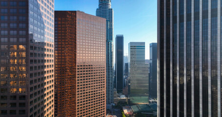 Aerial panorama of Los Angeles city skyline with skyscrapers. Drone shot of downtown Los Angeles. Wide drone panorama of Los Angeles. Aerial cityscape view of LA. Panoramic skyline of Los Angeles. © Volodymyr