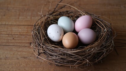 Diverse pastel colored eggs in natural bird nest on rustic wood