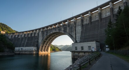 Fototapeta premium A monumental concrete arch dam structure holding back a vast reservoir, showcasing large-scale civil engineering and infrastructure design, large, concrete, civil engineering