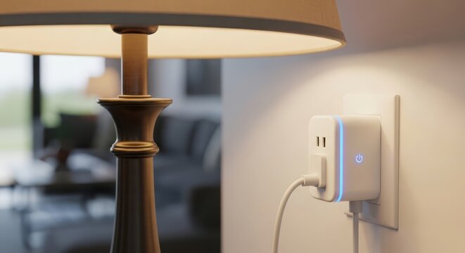 A smart plug is plugged into a wall outlet next to a lamp in a living room with a blurred background