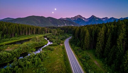Scenic Mountain Road at Dusk - A Serene Landscape View.