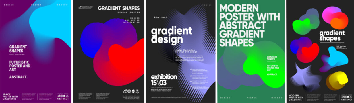 Gradient shapes. Vector illustrations of modern 3d abstract futuristic fluid shapes and design for poster, background, cover, template, or flyer