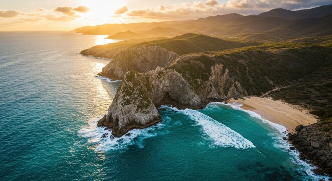 Aerial view captures rugged coastal cliffs meeting turquoise ocean waters during a bright sunset