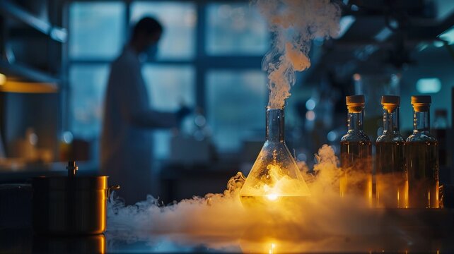 Steaming laboratory flask with glowing liquid on a lab table. Concept of scientific research, chemistry, innovation, and modern laboratory experiments.