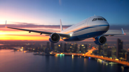 Obraz premium A photorealistic image of a commercial passenger aircraft flying over a cityscape at sunset.