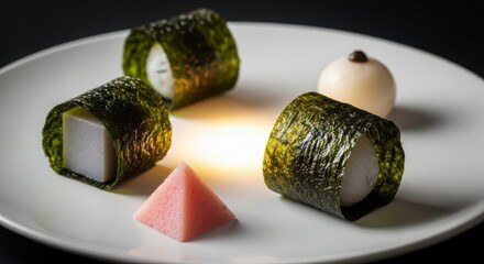Japanese Onigiri Rice Balls Wrapped in Nori Seaweed with Pickled Ginger and Mochi.