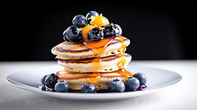 A stack of pancakes topped with blueberries and syrup