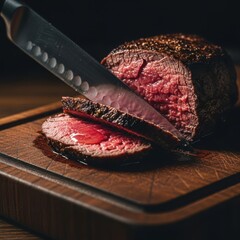 Juicy Roast Beef Sliced on Wooden Cutting Board by Sharp Knife.