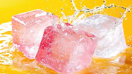 Three ice cubes with water splashing out of them