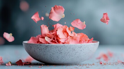 A bowl filled with pink rose petals on top of a table