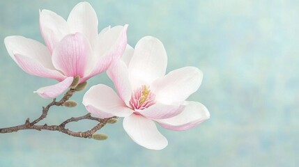 A close up of two pink flowers on a tree branch