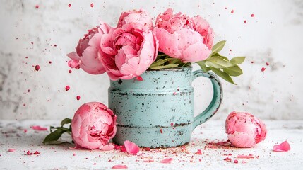 A blue vase filled with pink peonies on top of a table