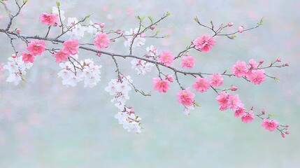 A branch with pink and white flowers on it